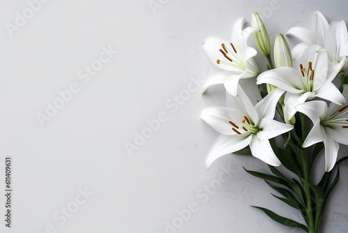 White lily flowers sitting on top of a table. Generative AI. Copy space, place for text, copyspace. © Friedbert