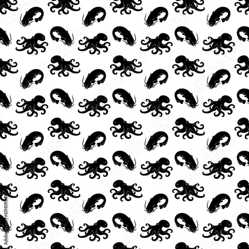 Seamless pattern with octopus and catfish silhouettes.  Doodle black and white vector illustration.