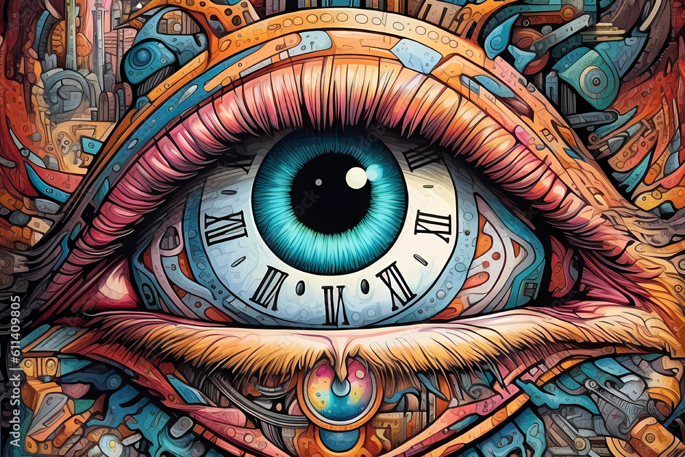 Generative AI - A Psychedelic eye with a clock face for an iris
