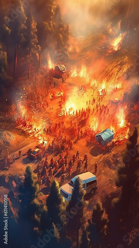 Experience the heroic efforts of firefighters as they battle raging fires from a unique drone perspective in captivating illustrations. Witness their bravery and dedication in this visually stunning c