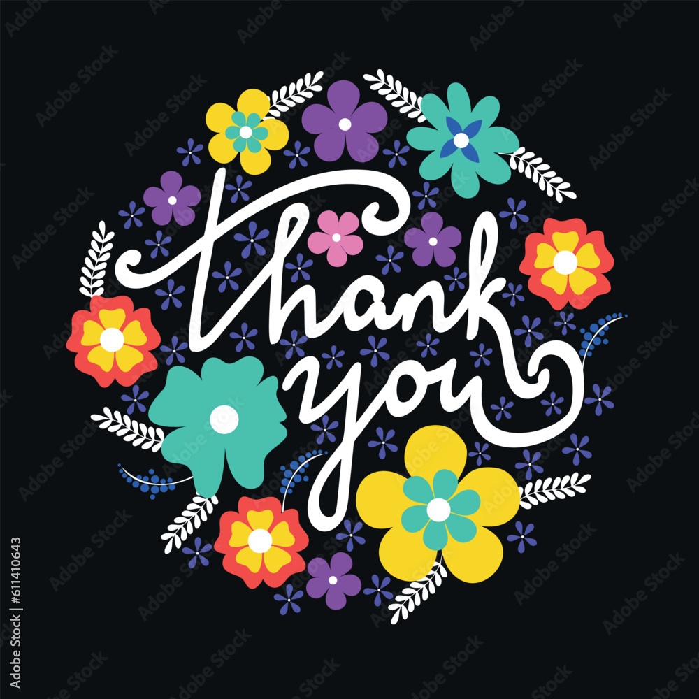 Bright groovy Thank you card. Vector flowers composition on black background. 
