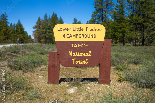 Lower Litte Truckee Campground wood sign in the Tahoe National Forest, Sierra Nevada of California