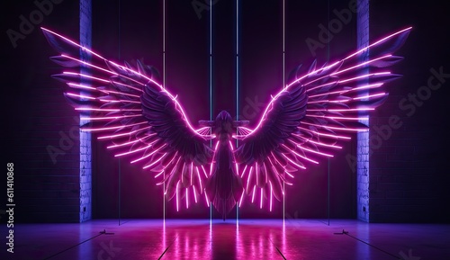 Neon angel wings with pink blue lights, abstract minimalist geometric background, UV spectrum, Cyberspace, futuristic wallpaper	