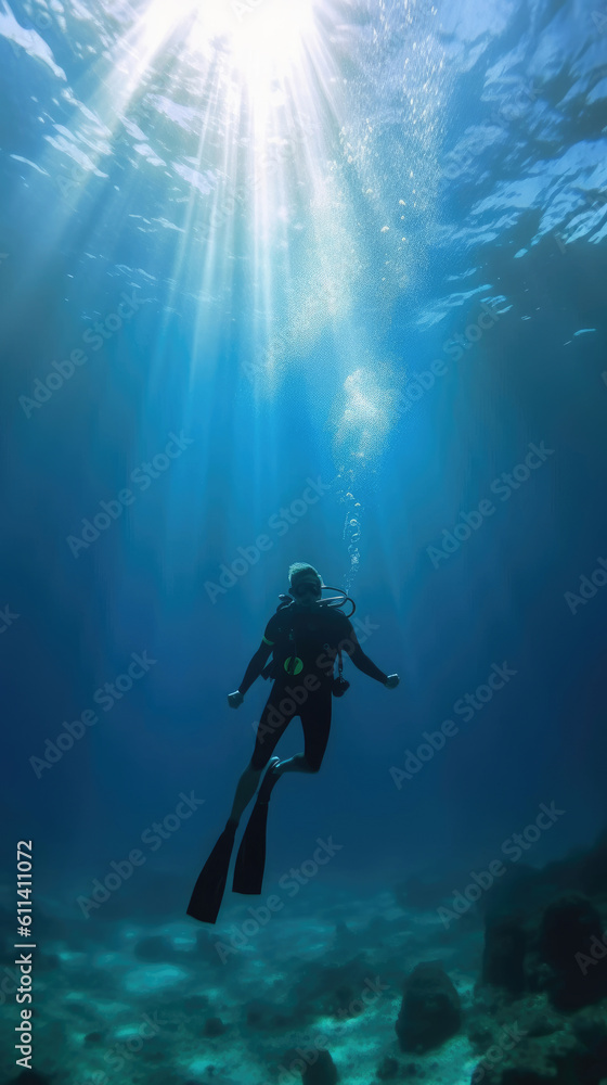a scuba diver underwater with sun above sea. . a scuba diver underwater with sun above sea. .