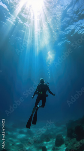 a scuba diver underwater with sun above sea. .