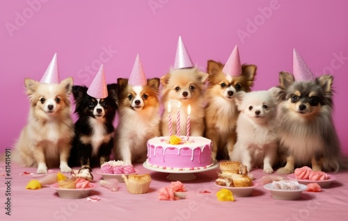 Adorable team of birthday pets of different breeds, Little puppies at Birthday, Cake with candles