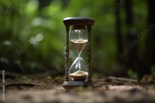 Environmental hourglass set in nature with a forest background. Generative ai.