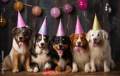 Adorable team of birthday pets of different breeds, Little puppies at Birthday, Cake with candles © Lea Ottavi