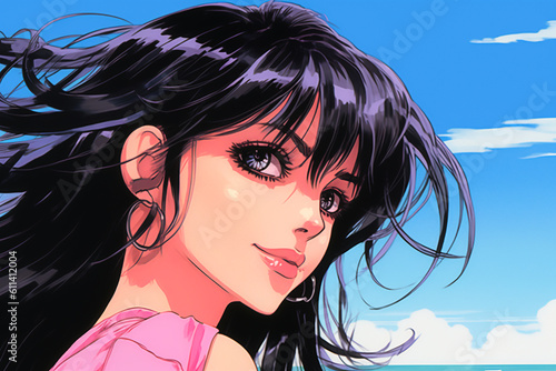 Portrait of a cute girl with long hair against the blue sky, anime style. Generative AI
