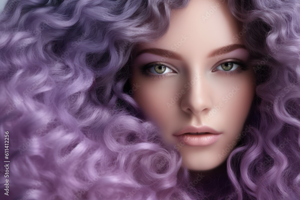 Portrait of a young woman with pastel purple color curly hair and green eyes. Generative AI