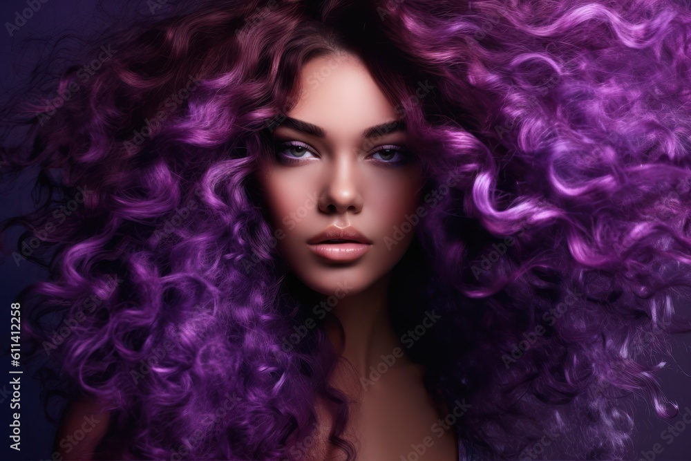 Portrait of a young sexy woman with purple color curly hair. Generative AI