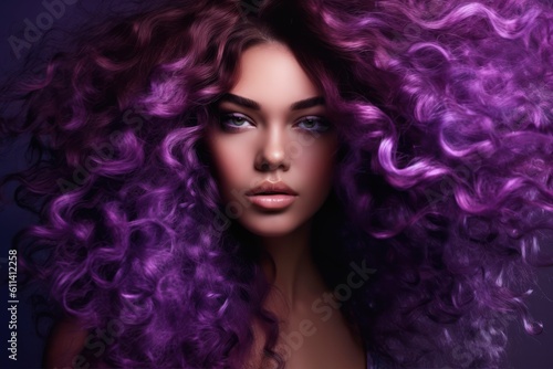 Portrait of a young sexy woman with purple color curly hair. Generative AI