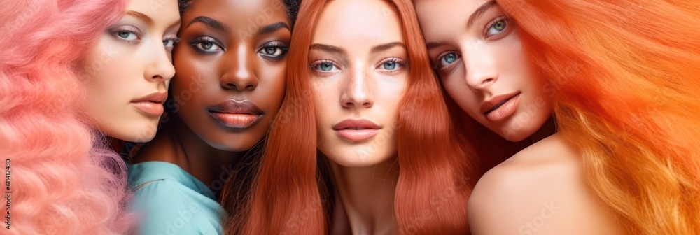 Multiracial young women with colorful hair, Rainbow colors hairstyle, Generative AI