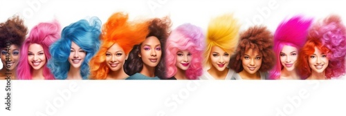 Multiracial young women with colorful hair, Rainbow colors hairstyle, Generative AI