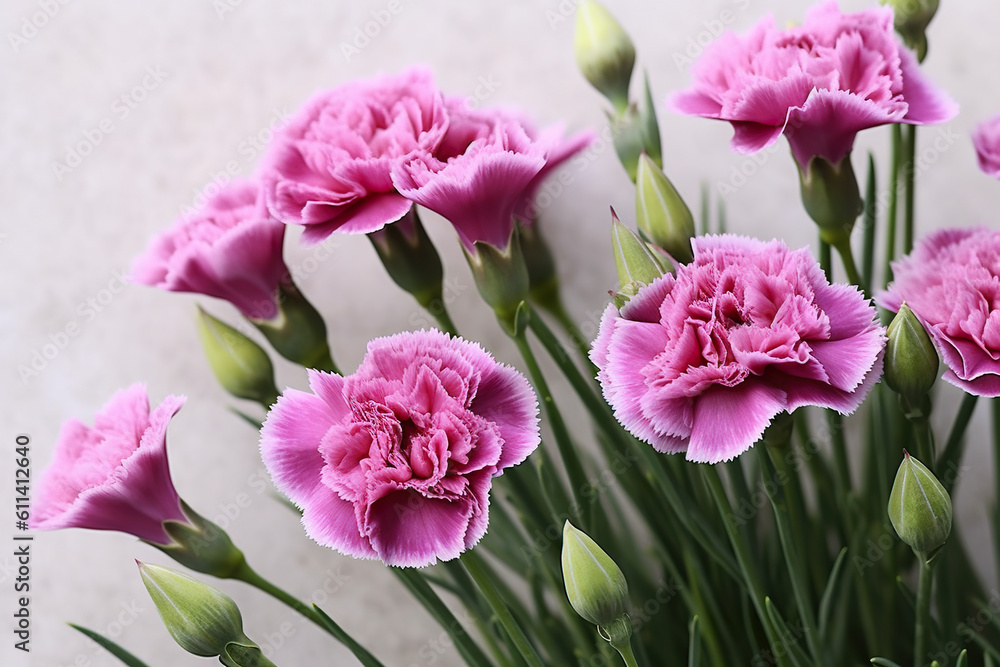 A bunch of pink carnations in a vase. Generative AI.