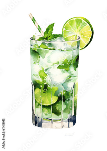 Mojito cocktail in watercolor design isolated on transparent background