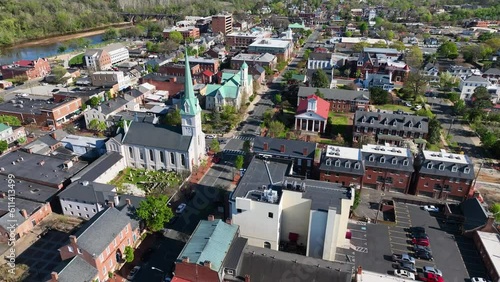 Aerial historic downtown city centerr Fredericksburg Virginia 4.  Deadly battle with devastating death. Union and Confederate armies. History and education. Business and buildings.