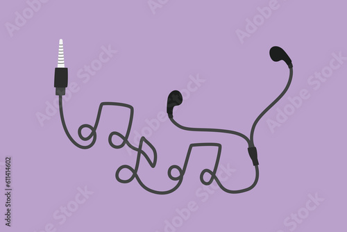 Graphic flat design drawing earphones earbud type black, music note symbol made from cable isolated on background. Earphone with music note for musical performance. Cartoon style vector illustration
