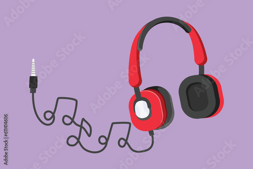 Cartoon flat style drawing of stylized headphones with music gadget and note. Audio headphone outline sketch with musical notes. Flat art concept of musical symbol. Graphic design vector illustration