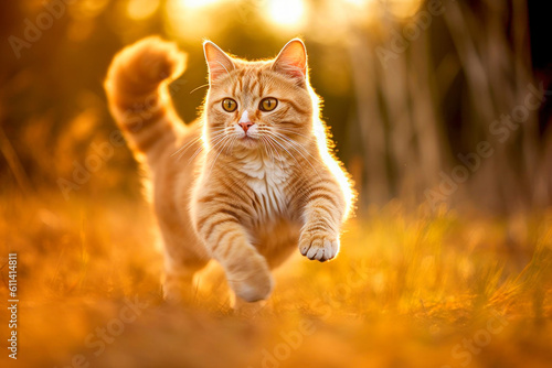 A cat gracefully leaping through the air while chasing a toy, showcasing its agility.