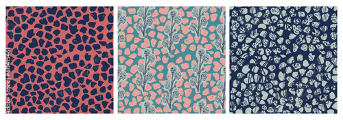 Hand drawn floral and abstract pattern. Textured seamless repeat pattern design for fabric statis flower shapes in pink blue background