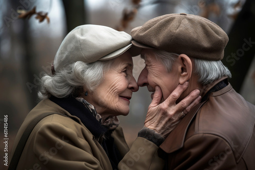 Caucasian Couple of old people hugging and in love in a park