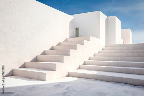 Architectural background white abstract structure with walls and staircases on blue sky background. Design construction concept. AI generated