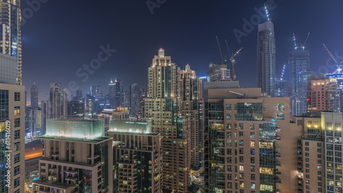 Panorama of downtown Dubai city aerial night timelapse