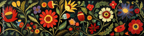 A painting of colorful flowers on a black background. Generative AI. Polish folk art.
