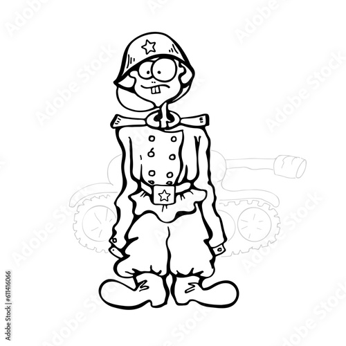 Caricature of Soviet or Russian young inexperienced mobilized conscript soldier with tank. Crazy black white cartoon illustration of military man in camouflage uniform orc big size in doodle style