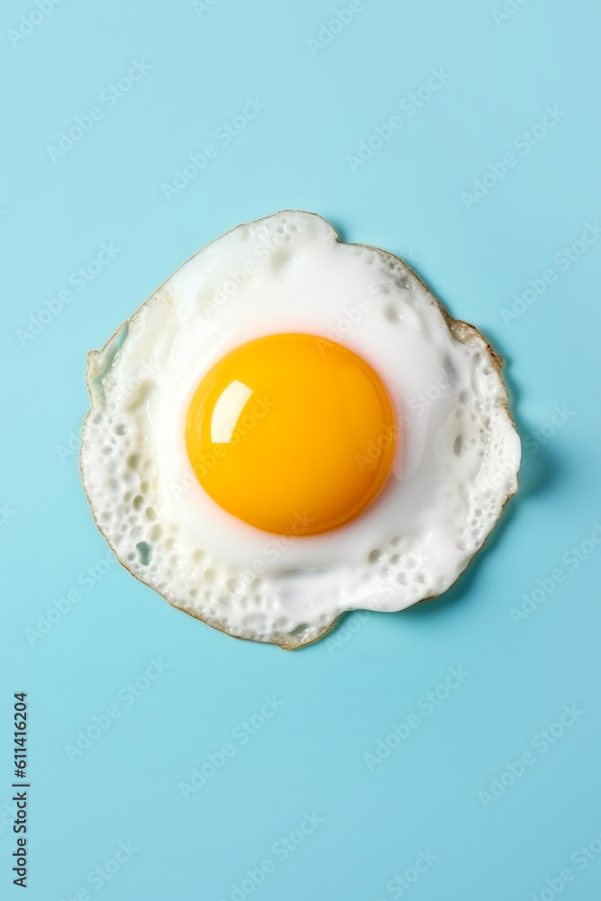 Fried sunny-side-up egg with bright yellow glossy yoke on light blue background. Culinary food concept. Ai generated Fried sunny-side-up egg with bright yellow glossy yoke on light blue background. Culinary food concept. Ai generated