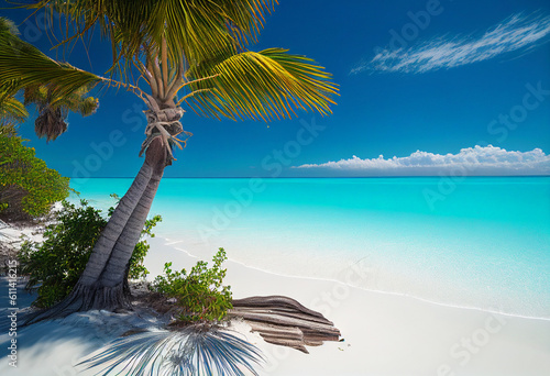  an idyllic coastal paradise with this stunning photograph featuring a pristine white sand beach  crystal-clear waters  and swaying palm tree