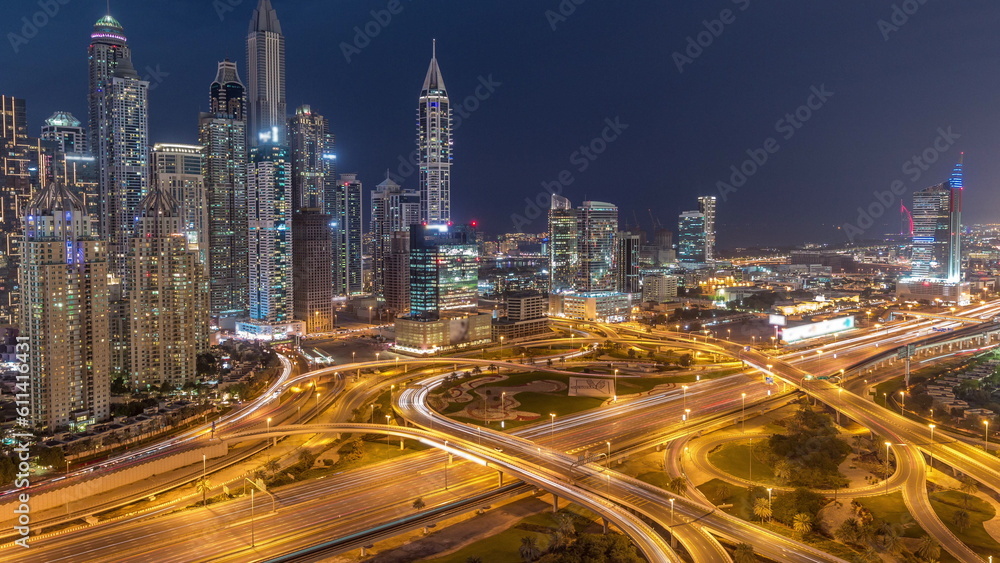 Dubai Marina highway intersection spaghetti junction day to night timelapse