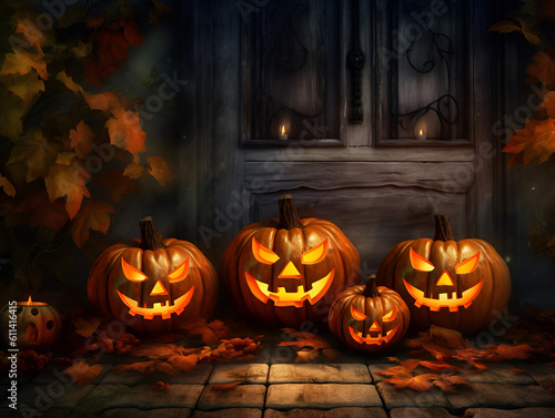 Halloween illustration with a set of yellow pumpkins over mystery outdoor background. Spooky pumpkins with evil faces. Halloween background. Holiday banner with copy space. Generative AI