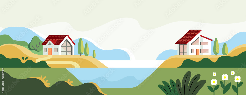 House in hill with lake and forest. Landscape nature House in hill with lake and forest. Landscape nature