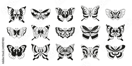 Black butterfly stickers. Realistic flying monarch and moth butterfly silhouettes, abstract animal flying insects icons. Vector isolated set. Decorative tattoo elements, wild bugs collection