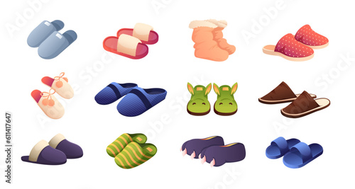 Home shoes. Cartoon flat domestic foot wear, fluffy slipper and cozy shoes, trendy stylish comfort footwear. Vector isolated collection. Pairs of soft indoor slippers, clothing accessory for home