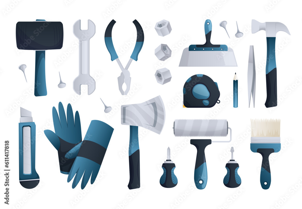 Construction repair tools. Flat screwdriver wrench hammer pliers brush, technical building instruments for home and office. Vector isolated set. Blue stationery knife, spatula and measuring tape Construction repair tools. Flat screwdriver wrench hammer pliers brush, technical building instruments for home and office. Vector isolated set. Blue stationery knife, spatula and measuring tape