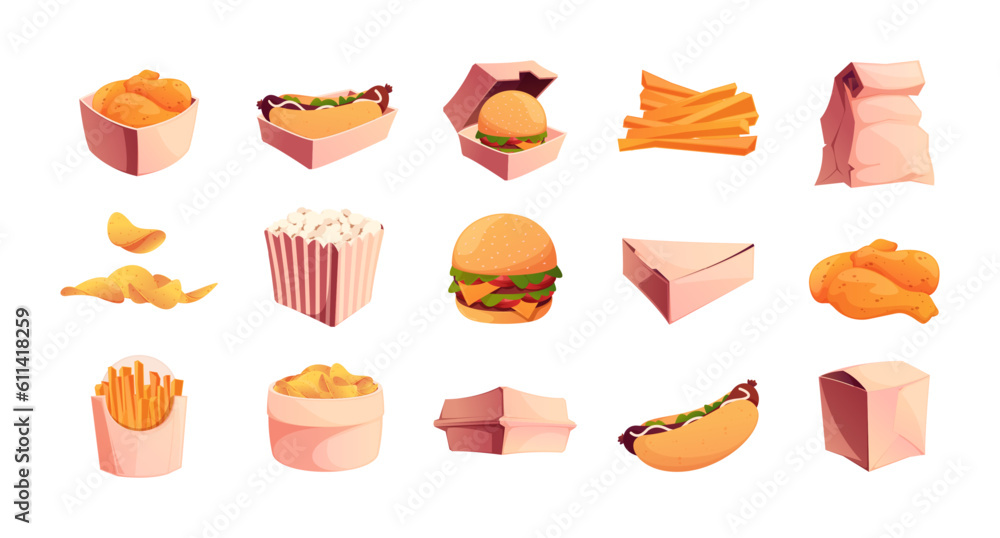 Takeaway food. Fast food packing, disposable containers with organic lunch, sustainable carton packaging for eco-friendly meal delivery. Vector illustration. Hot dog, burger and popcorn