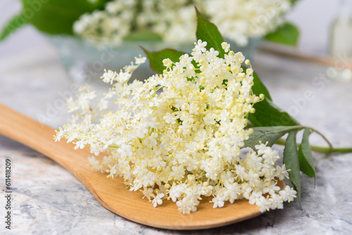 composition of elderberry flowers on a table on a light background
