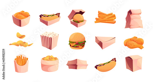 Takeaway food. Fast food packing, disposable containers with organic lunch, sustainable carton packaging for eco-friendly meal delivery. Vector illustration. Hot dog, burger and popcorn