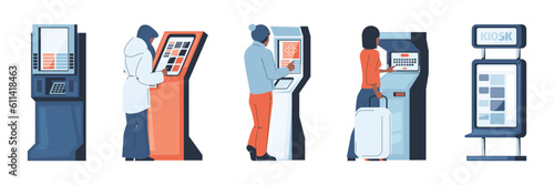 People at digital kiosk. Man and woman at ticket kiosk and online terminal, checkout and ordering online terminal, cartoon characters using cashless kiosk. Vector set. Electronic checkin, banking