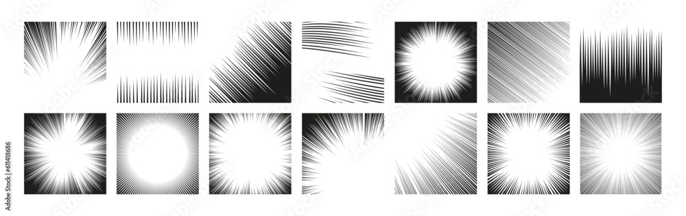 Fototapeta premium Cartoon radial frame. Manga comic strip and action anime motion graphic asset, burst effect, speed and velocity graphic elements. Vector isolated set. Fast and power movements for magazine