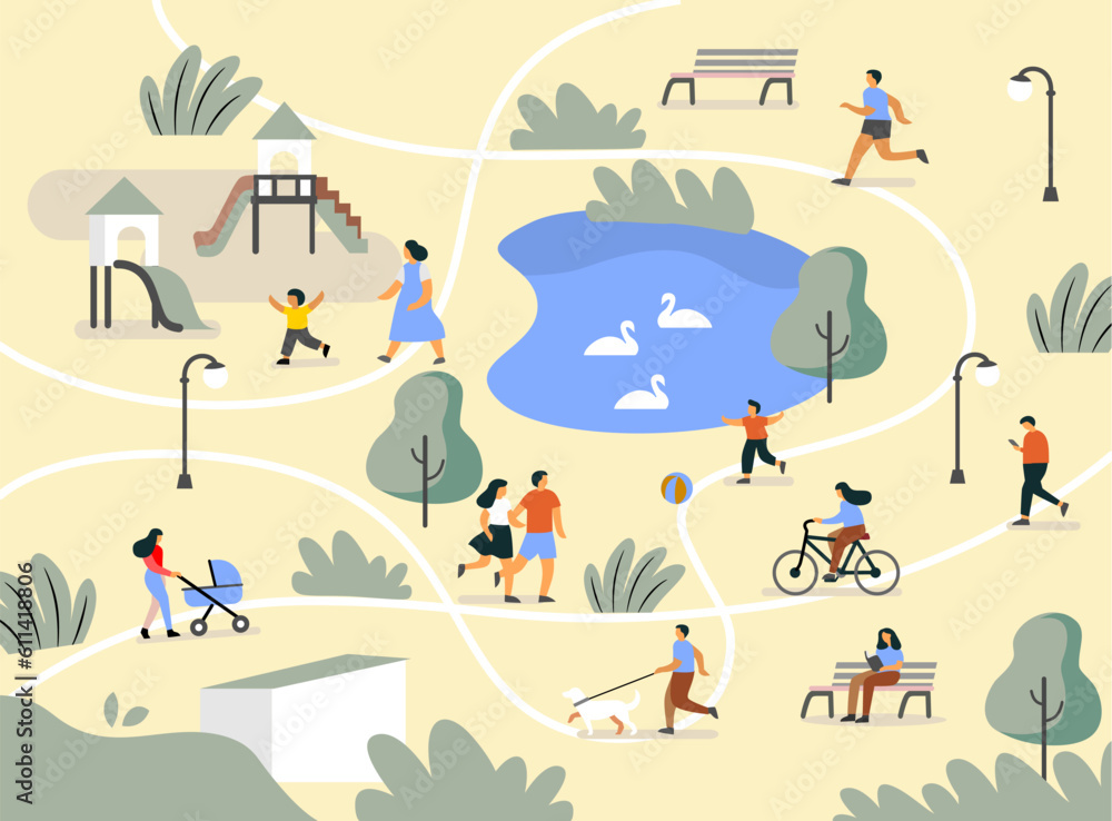 People in park flat cartoon. Person walk summer outdoor People in park flat cartoon. Person walk summer outdoor