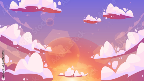 Cartoon evening sky. Sun and clouds sunset scene, sky nature landscape with red and orange sunlight, colorful game background. Vector illustration. Sunrise with cloudy pink heavens