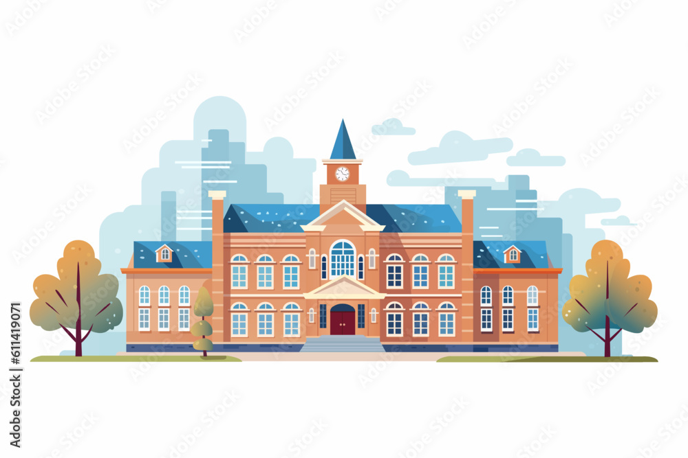 School with green lawn and trees. School against the backdrop of a modern city. Flat vector illustration isolated on white background.