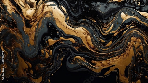 Fluid Elegance: Black and Gold Liquid Marble Wallpaper for Sophisticated Business Decor. Generative AI. 