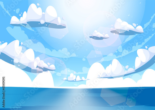 Cartoon sea and blue sky. Ocean with white curly clouds and sunrays, summer sea peaceful background, blue sea nature horizon scene. Vector illustration. Cloudscape with cumulus, idyllic scene