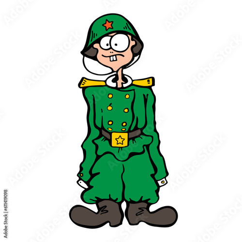 caricature of Soviet or Russian young inexperienced mobilized conscript soldier. Crazy cartoon funny illustration of military man in green camouflage uniform orc big size