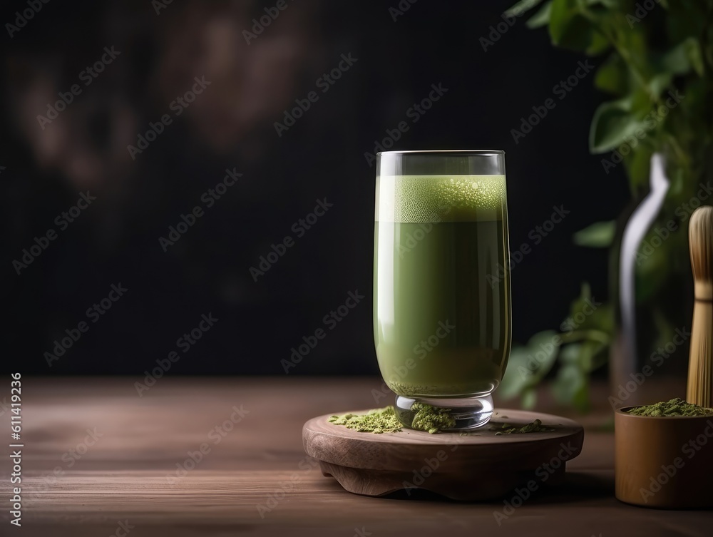 Matcha in glass on wooden tray, Japanese drinks. Generative AI Matcha in glass on wooden tray, Japanese drinks. Generative AI